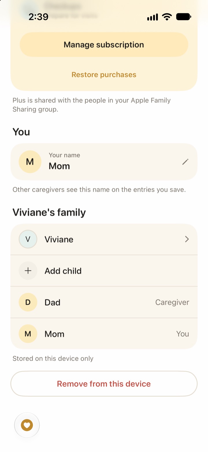 Vivi Baby Family tab listing Viviane's family: the child, Add child, Dad as Caregiver, and Mom as You.