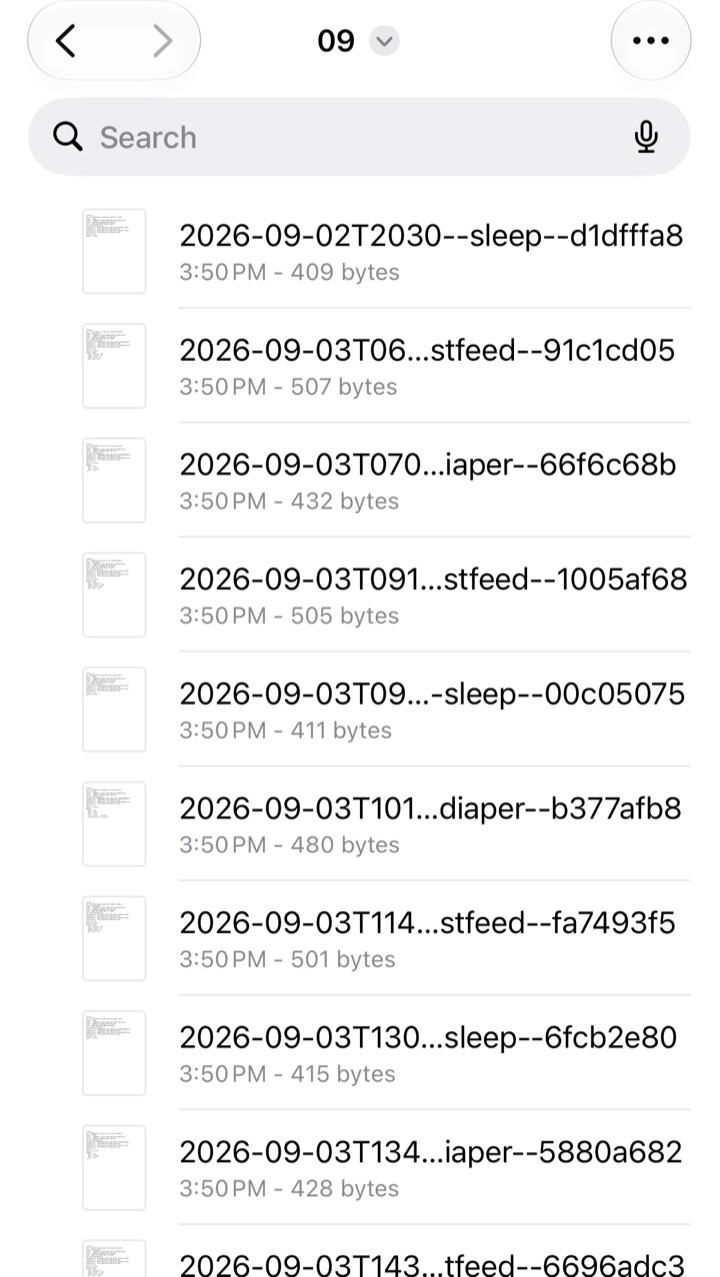 The Files app listing a child's dated entry files, each named by date, type and a short id, such as 2026-09-02T2030--sleep--d1dfffa8.