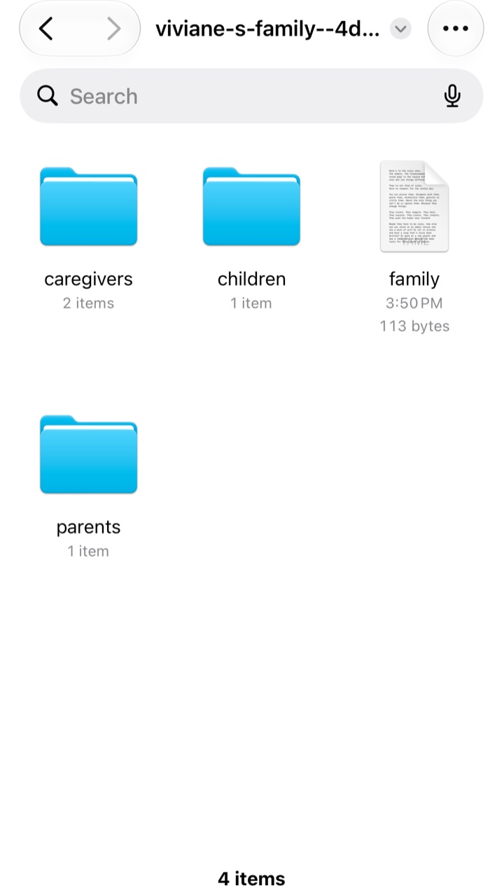 The Files app showing the folder of a demo family, viviane-s-family, with the caregivers, children and parents folders and a family file.