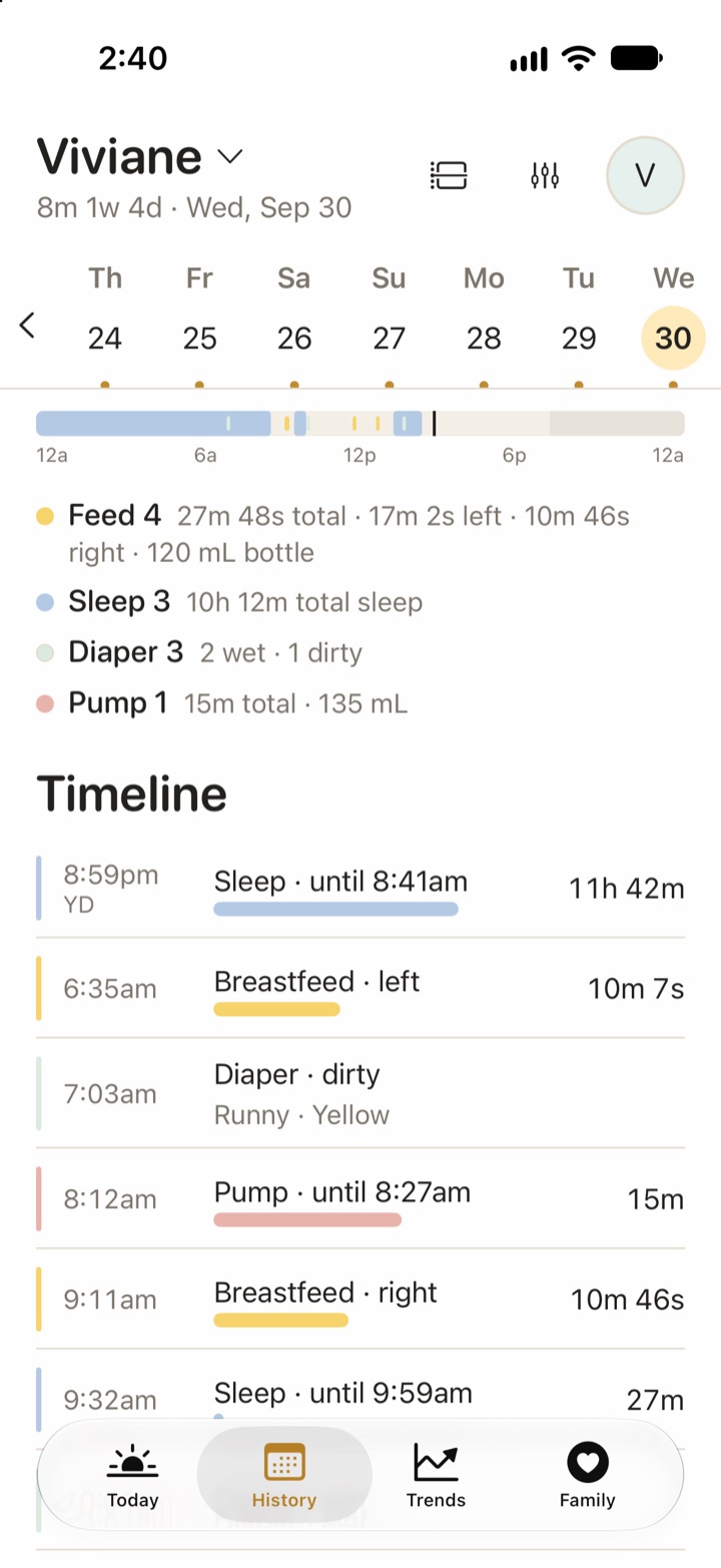 Vivi Baby History for one day with totals for feeds, sleep, diapers and pumping, and a timeline below.