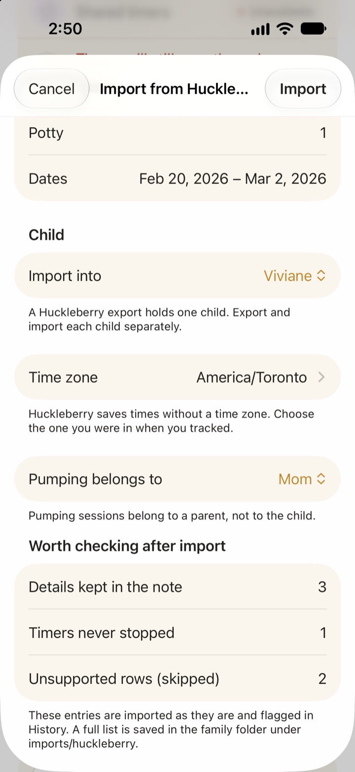 Import from Huckleberry preview with the child to import into, a time zone picker, the parent for pumping sessions, and the Worth checking after import list.