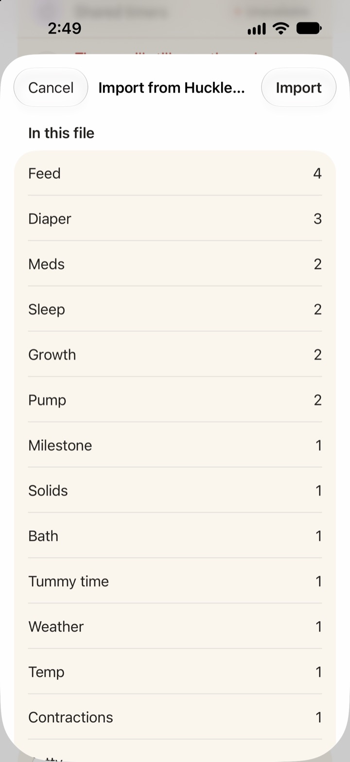 Import from Huckleberry preview listing entry counts by type.