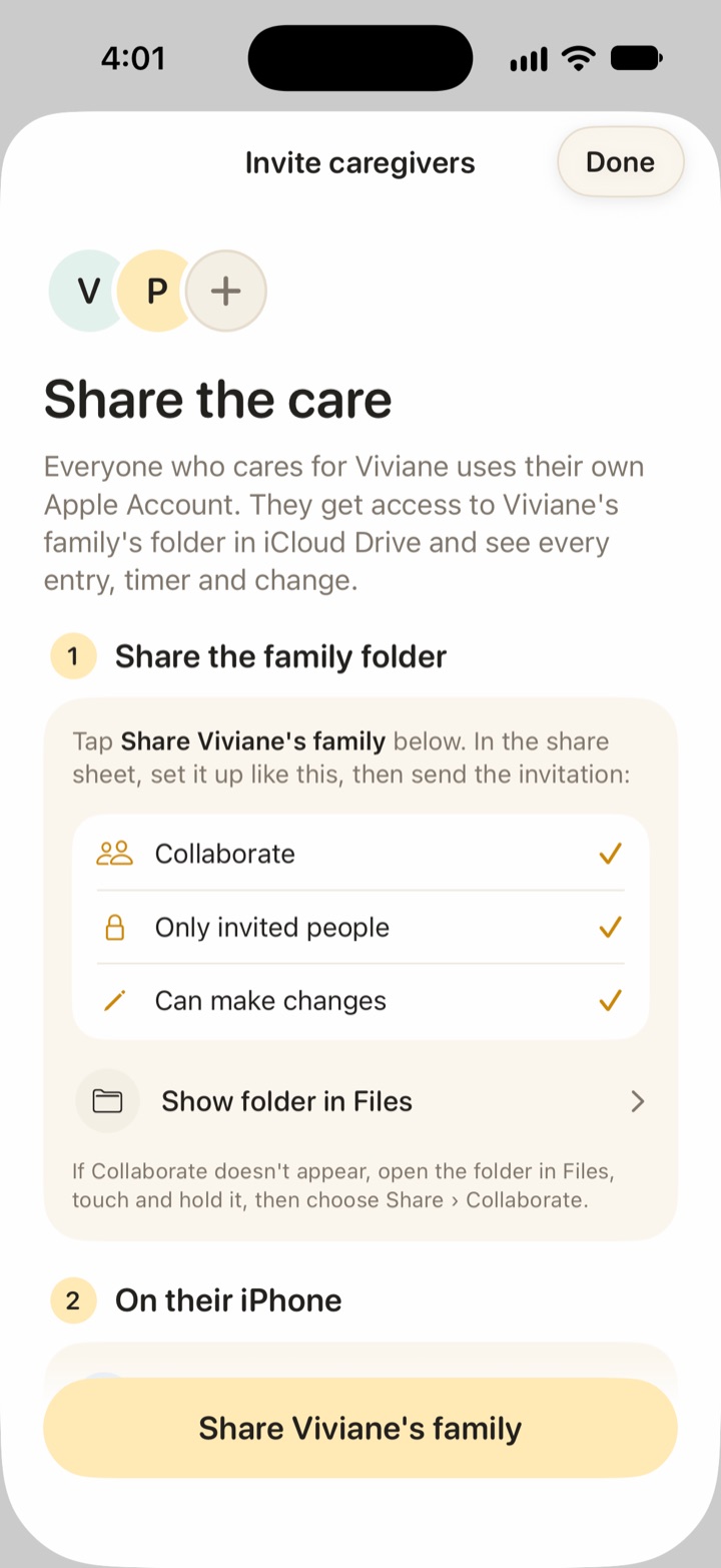 Vivi Baby Invite caregivers sheet titled Share the care, with Collaborate, Only invited people and Can make changes checked, and a Share Viviane's family button.