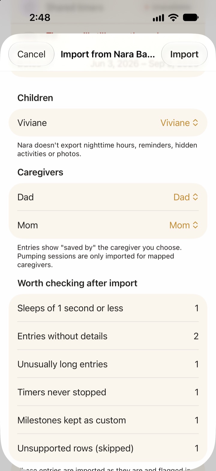 Import from Nara Baby preview with the child Viviane, the caregiver mapping for Dad and Mom, and the Worth checking after import list.