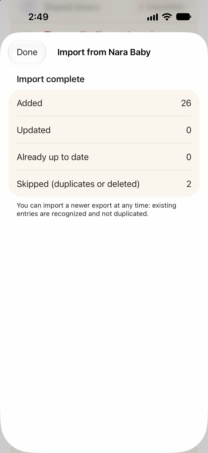 Import complete screen showing 26 entries added, 0 updated, 0 already up to date and 2 skipped.