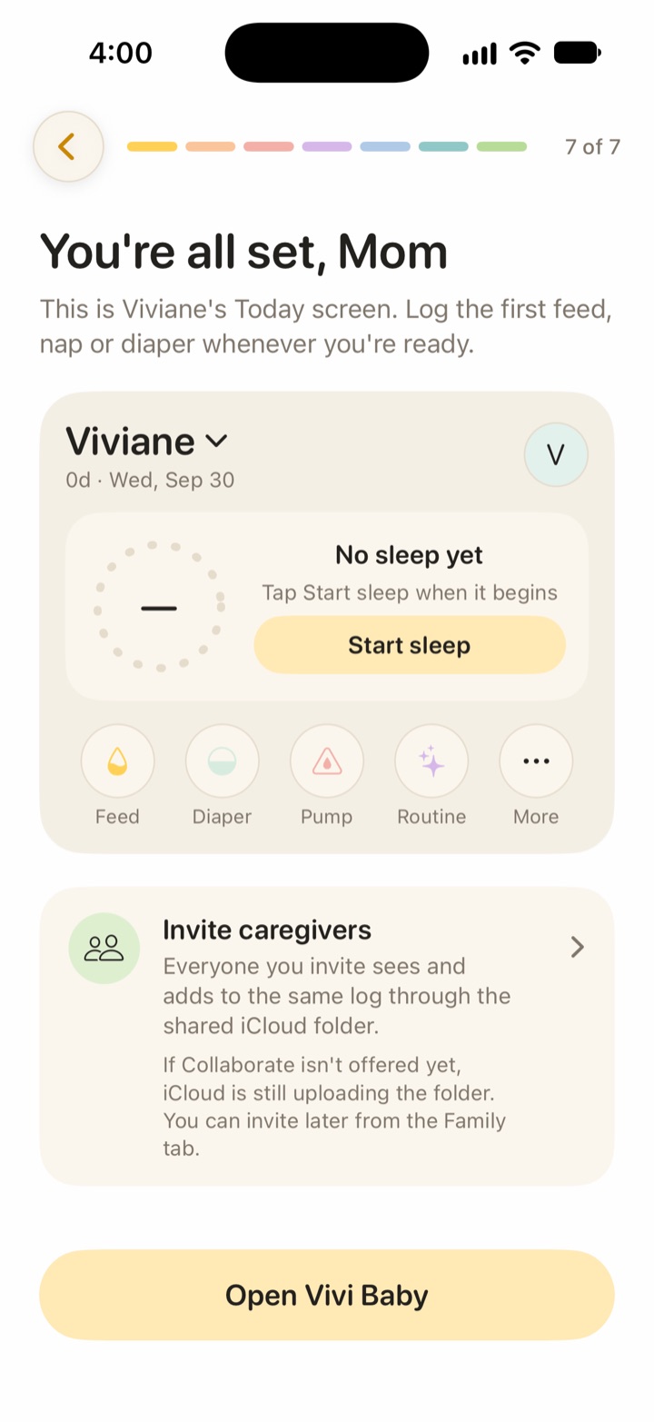 Vivi Baby You're all set screen for Mom, with Viviane's Today preview and an Invite caregivers card.
