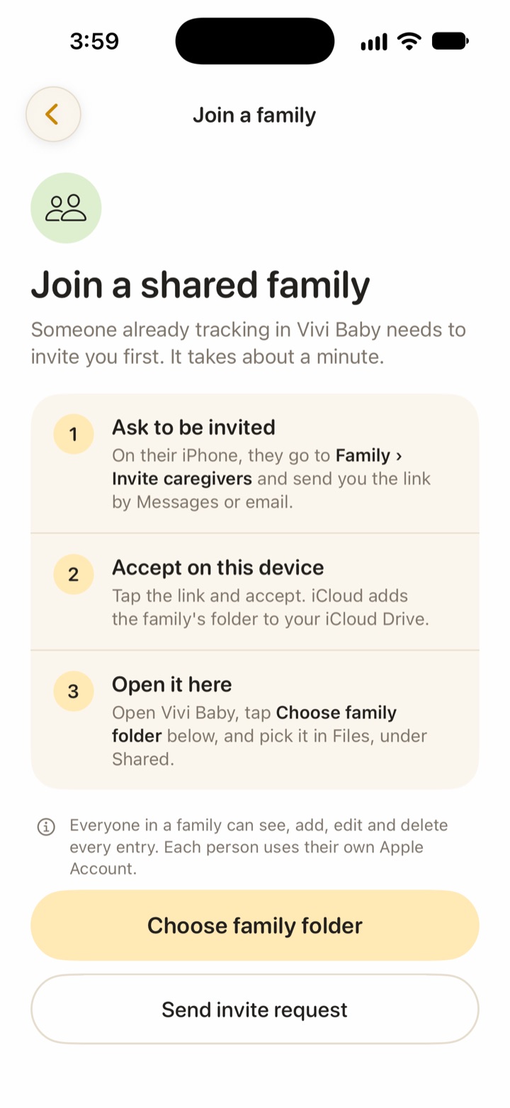 Vivi Baby Join a shared family screen with three steps: Ask to be invited, Accept on this device, and Open it here, and a Choose family folder button.