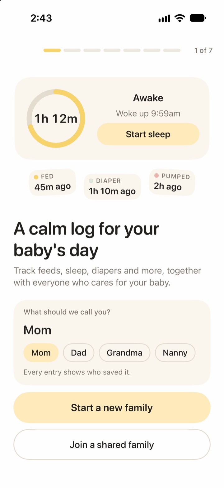 Vivi Baby welcome screen asking what to call you, with the name Mom, quick role chips, and the Start a new family and Join a shared family buttons.