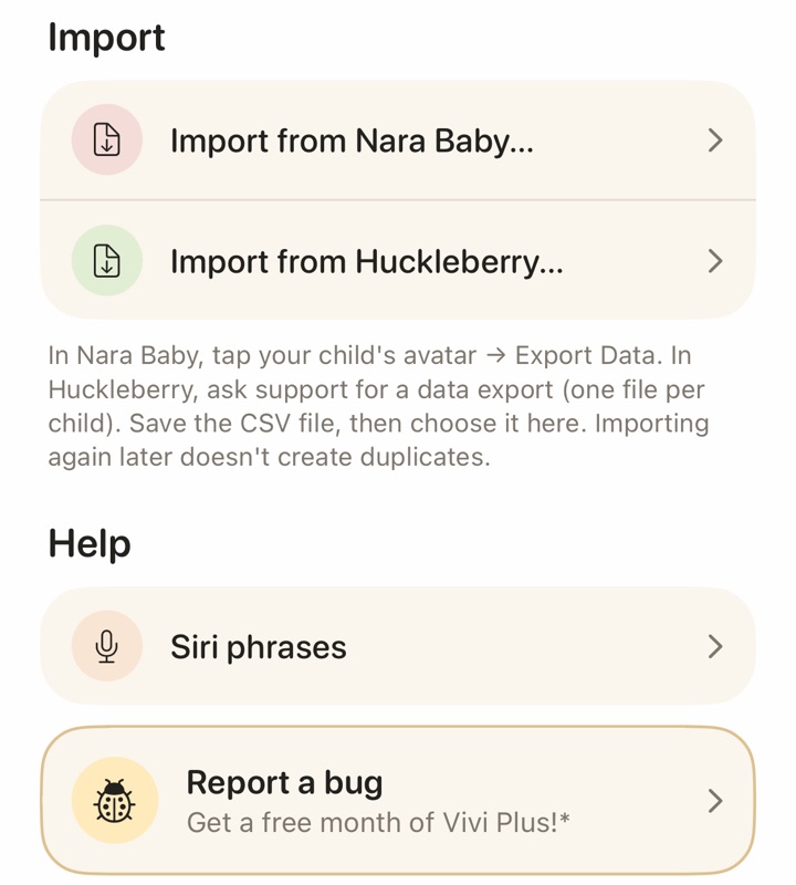 Vivi Baby Preferences showing the Import section with Import from Nara Baby and Import from Huckleberry rows and a note about exporting.