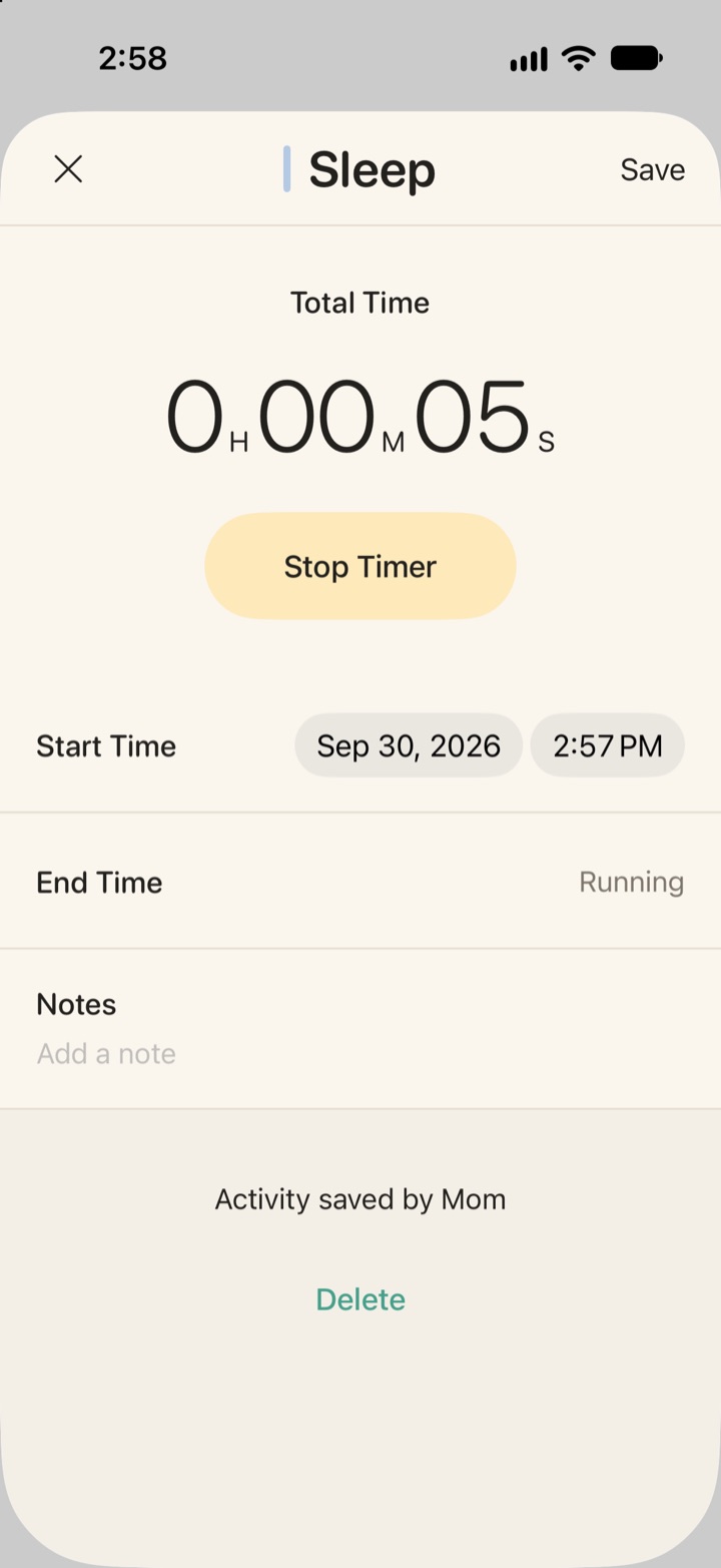 Vivi Baby sleep timer editor with the line Activity saved by Mom below the notes field.