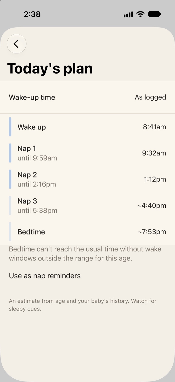 Today's plan with a wake-up time, two logged naps, a planned third nap and bedtime, and a Use as nap reminders button.