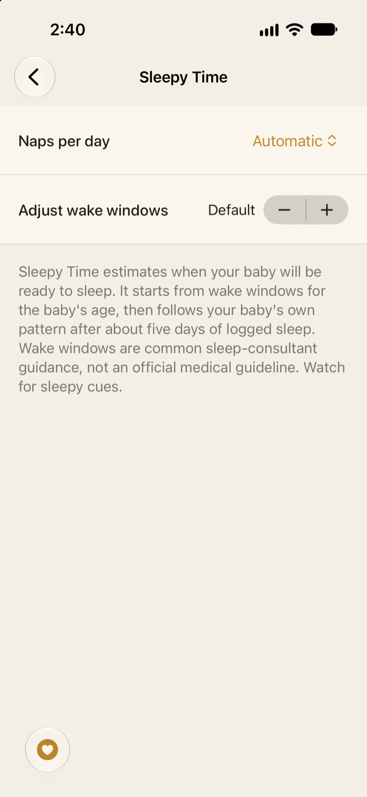 Sleepy Time settings for one child: a Naps per day picker set to Automatic, an Adjust wake windows stepper, and an explanation.