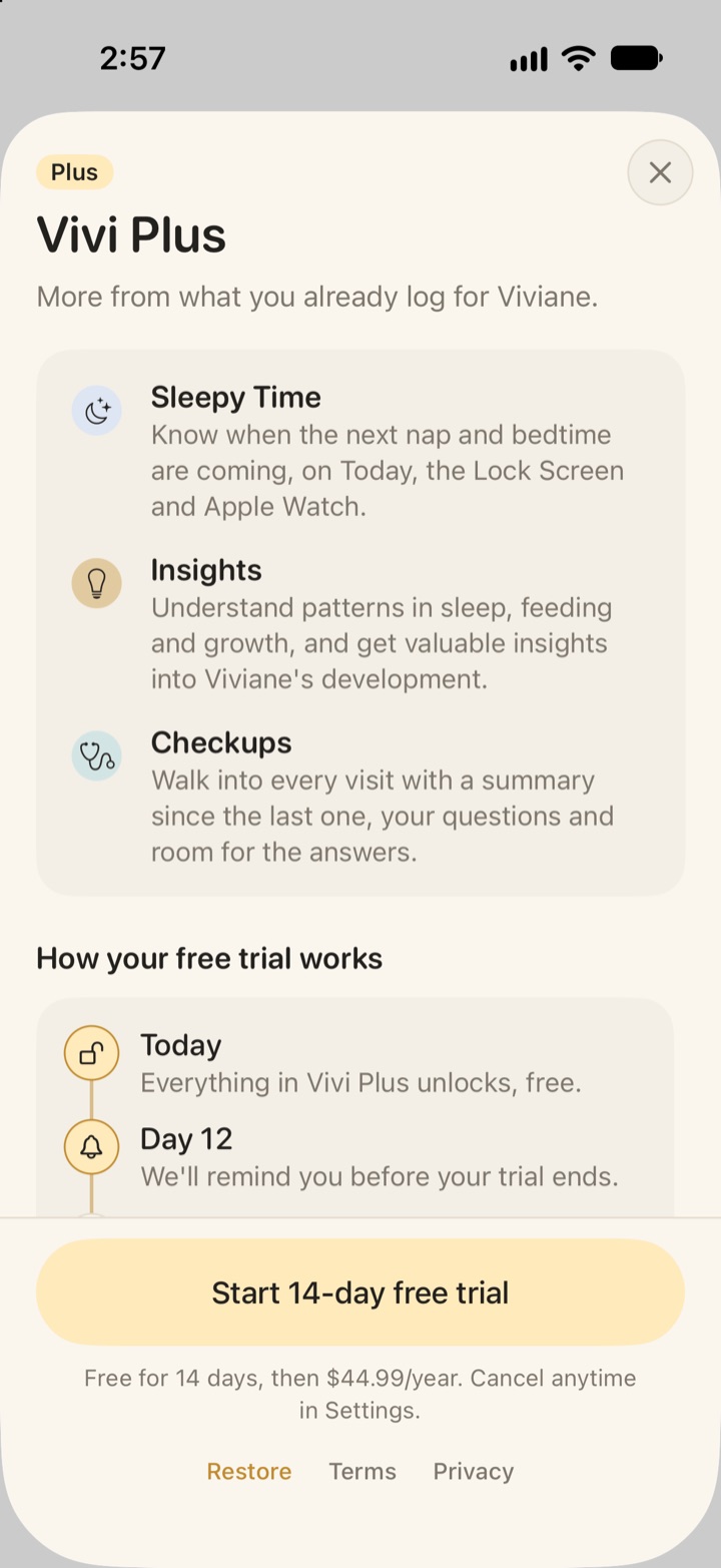Vivi Plus sheet a free user sees, listing Sleepy Time, Insights and Checkups, with a Start 14-day free trial button.