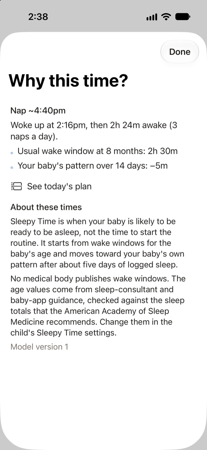 Why this time? sheet: the nap estimate, the wake-up time, the usual wake window for the age, the baby's own pattern over 14 days, and the About these times text.