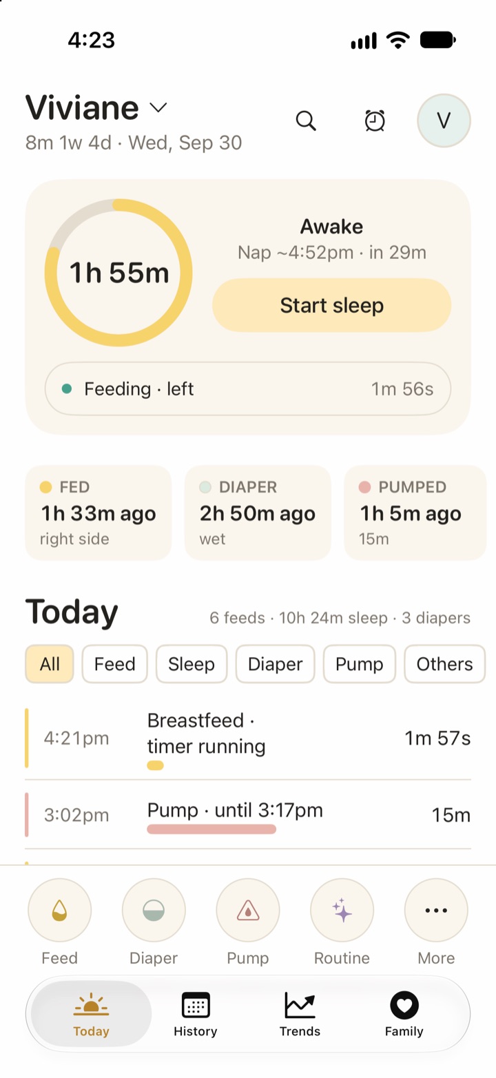 Vivi Baby Today screen for Viviane with a breastfeed timer running on the left side, showing 1 minute 46 seconds, above the recent feed, diaper and pump chips.