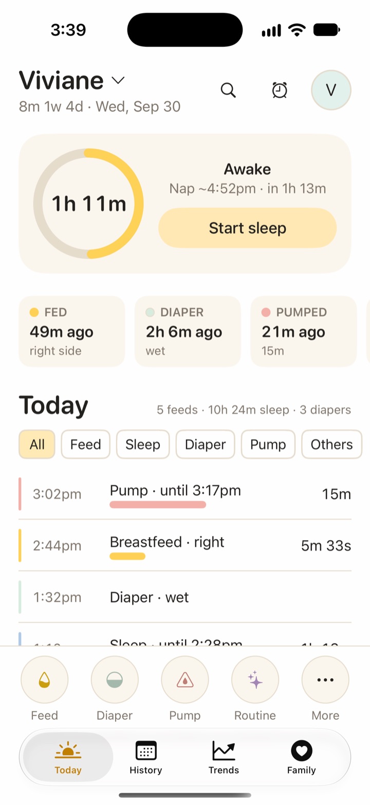 Vivi Baby Today screen for Viviane, awake for 1 hour 11 minutes, with the next nap estimated for 4:52 pm, recent feed, diaper and pump chips, and the day list.