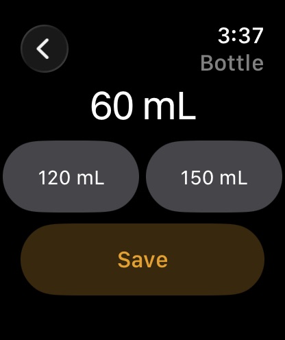 Apple Watch Bottle screen showing 60 mL, recent sizes of 120 mL and 150 mL, and a Save button.