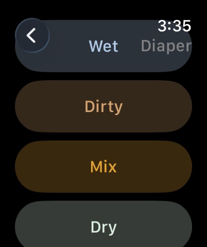 Apple Watch Diaper screen with four buttons: Wet, Dirty, Mix and Dry.