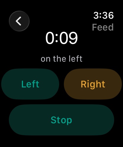 Apple Watch Feed screen mid-timer, showing 0:09 on the left, the Left and Right buttons, and a Stop button.
