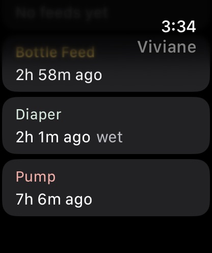 Apple Watch home screen scrolled down to the Bottle Feed, Diaper and Pump cards, each with the time since the last entry.