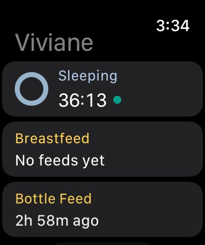 Apple Watch home screen for Viviane in Vivi Baby with a Sleeping card and running counter, and the Breastfeed and Bottle Feed cards below.
