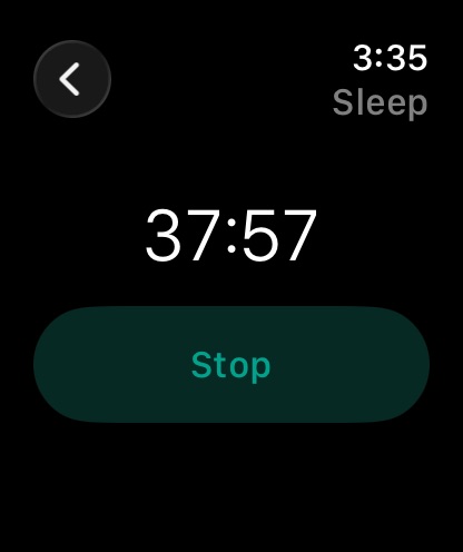 Apple Watch Sleep screen with a running counter and a Stop button.