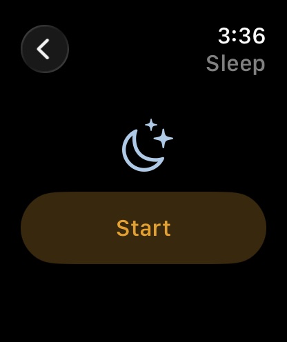 Apple Watch Sleep screen with a moon icon and a Start button.
