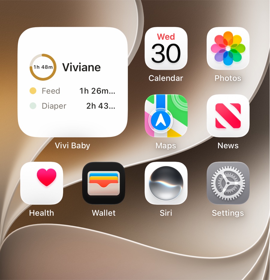 Vivi Baby Since last widget on an iPhone Home Screen, showing Viviane, 1 hour 48 minutes, and the time since the last feed and the last diaper.