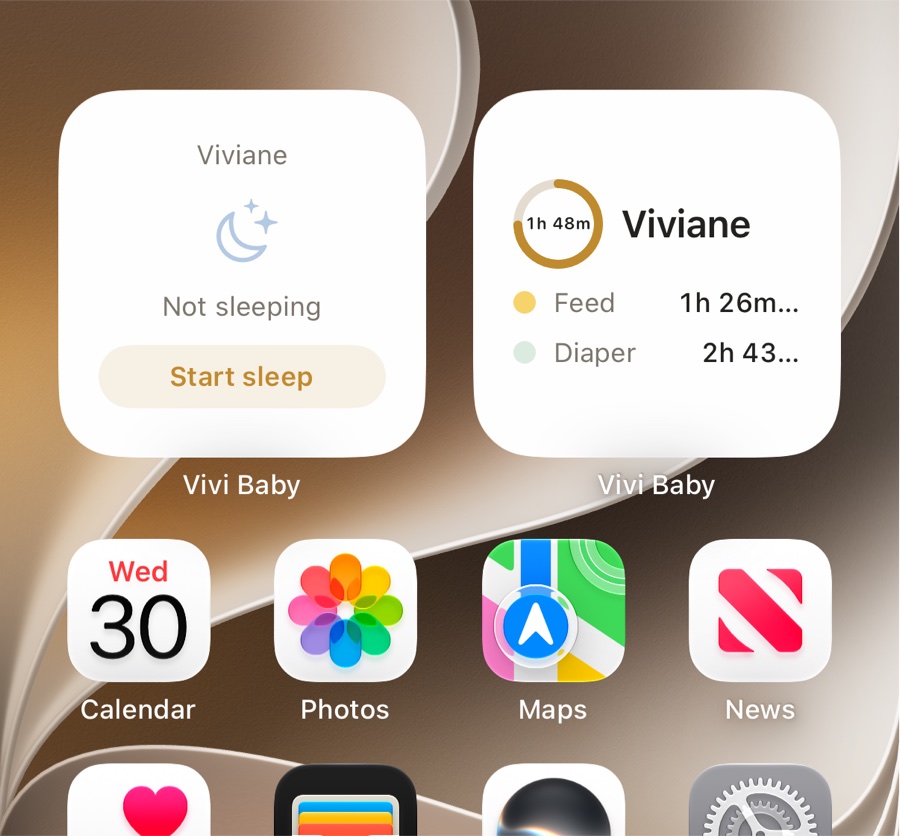 Two Vivi Baby widgets on an iPhone Home Screen: the Sleep timer widget with a Start sleep button, and the Since last widget showing Viviane, 1 hour 48 minutes awake, and the time since the last feed and diaper.